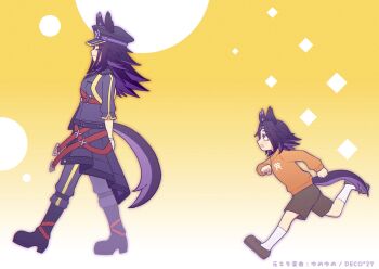 Rule 34 | 2girls, age progression, animal ears, black boots, black coat, black hair, black jacket, black pants, boots, brown shorts, closed eyes, closed mouth, coat, commentary request, ears through headwear, fenomeno (black flames of the righteous spirit) (umamusume), fenomeno (umamusume), flipped hair, from side, gloves, hat, highres, horse ears, horse girl, horse tail, horseshoe hat ornament, horseshoe ornament, jacket, long hair, long sleeves, looking at another, multicolored hair, multiple girls, open mouth, orange sweater, pants, peaked cap, purple eyes, purple hair, running, shirt, shoes, shorts, smile, socks, sweater, tail, umamusume, w3n6e, walking, white gloves, white socks, yumeyume (vocaloid)