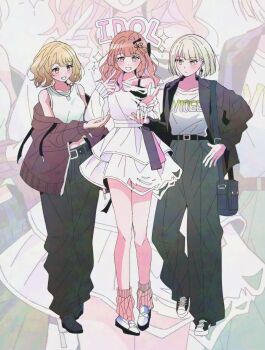 3girls azusawa_kohane bag baggy_pants bare_legs belt black_belt black_bow black_camisole black_jacket black_ribbon black_shoes blonde_hair blush bob_cut bow breasts brown_eyes brown_hair brown_jacket camisole closed_mouth clothes_writing collarbone drawstring dress english_text full_body green_eyes green_pants grey_eyes hair_bow hair_ornament hair_ribbon hanasato_minori hand_on_own_hip hand_up hands_up highres hinomori_shiho hood hood_down hooded_jacket index_finger_raised jacket jewelry lilyburglar long_hair long_sleeves looking_at_another looking_at_viewer loose_socks medium_breasts midriff multiple_girls necklace off_shoulder official_alternate_costume official_alternate_hair_length official_alternate_hairstyle open_clothes open_jacket open_mouth orange_socks pants project_sekai ribbon shirt shirt_tucked_in shoes short_dress short_hair shoulder_bag sidelocks sleeveless sleeveless_shirt small_breasts smile socks spaghetti_strap sparkle standing straight-on straight_hair torn_clothes torn_dress v wavy_hair white_dress white_shirt white_shoes zoom_layer zozotown