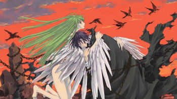 00s bird c.c. clamp code_geass from_side highres lelouch_vi_britannia long_hair outdoors torn_clothes very_long_hair winged_arms wings