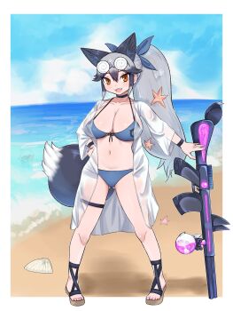 1girl animal_ears aramaru bare_shoulders beach bikini black_choker black_hair blue_bikini blue_sky blush breasts choker cleavage coke-bottle_glasses collarbone day extra_ears fox_ears fox_tail front-tie_bikini_top front-tie_top glasses grey_hair hair_between_eyes high_ponytail highres japari_symbol kemono_friends kemono_friends_3 lab_coat large_breasts long_hair long_sleeves looking_at_viewer multicolored_hair nail_polish navel ocean open_mouth outdoors ponytail potion seashell shell silver_fox_(kemono_friends) sky smile solo starfish swimsuit tail water water_gun