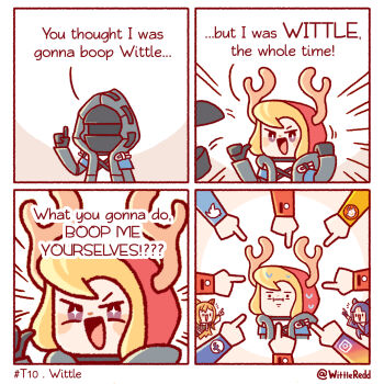 1boy 2girls 4koma animal_ears antlers arknights artist_self-insert black_coat black_gloves black_hair black_jacket black_kimono blonde_hair brown_hair ceobe_(arknights) chibi coat comic doctor_(arknights) dog_ears dog_girl english_text facebook_logo facial_mark forehead_mark gloves helm helmet highres hood hood_up hooded_coat hooded_jacket horns instagram_logo jacket japanese_clothes kimono kono_dio_da_(meme) long_hair meme multiple_girls nervous_sweating open_mouth original patreon_logo pointing reddit_logo saga_(arknights) smile sparkling_eyes sweat sweatdrop twitter_logo twitter_username very_long_hair wittle_red