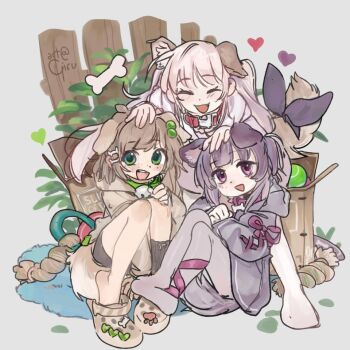 2024 3girls alice_sawyer baby_animal ball black_hair blue_carpet blue_rug bone box brown_hair child closed_eyes collar crocs crossover dog fallenshadow fence freckles girutea green_eyes headpat heart indie_virtual_youtuber lily_hopkins multiple_girls pink_eyes puppy sitting smile virtual_youtuber