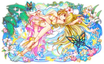 alternate_costume alternate_hair_color ankle_ribbon antennae aqua_flower artist_request bare_arms bare_legs bare_shoulders barefoot beads bikini blonde_hair blue_outline blunt_bangs breasts bug butterfly_wings cel_shading cleavage closed_mouth crash_fever fingernails flower full_body game_cg hair_flower hair_ornament hibiscus insect_wings jeong_yakyong leaf leg_ribbon light_particles long_hair lying medium_breasts midriff multicolored_butterfly official_alternate_costume official_alternate_hair_color official_art outline partially_submerged pink_flower pink_sarong plumeria red_outline ribbon sarong saturated see-through_clothes see-through_sarong smile solo sparkle square square_print straight_hair swimsuit tachi-e tattoo teeth transparent_background very_long_hair water water_drop white_lily white_wrist_cuffs wings wrist_cuffs yellow_bikini yellow_eyes yellow_flower yellow_ribbon