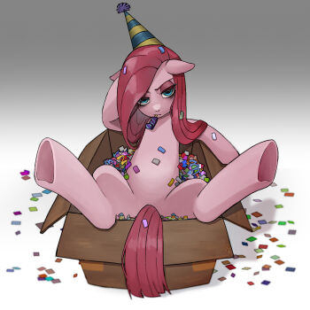 Rule 34 | animal, animal ears, animal focus, arm support, blue eyes, box, cardboard box, choco hosikawa, confetti, from above, gradient background, hat, highres, horse ears, horse tail, in box, in container, leaning back, looking at viewer, my little pony, my little pony: friendship is magic, no humans, party hat, party horn, pink hair, pinkamena diane pie, pinkie pie, pony (animal), solo, spread legs, straight hair, tail, white background