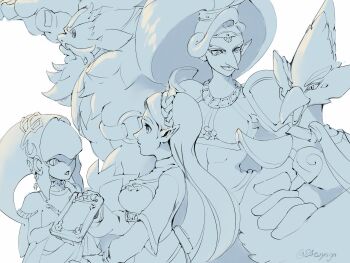2boys 3girls armor beak beard bird_boy bird_wings braid breasts closed_mouth crop_top crossed_arms crown_braid daruk facial_hair facial_mark fins fish_girl furrowed_brow gerudo goron greyscale head_fins highres jewelry long_hair medium_breasts midriff mipha monochrome monster_boy monster_girl multiple_boys multiple_girls muscular muscular_male mustache navel nintendo open_mouth parted_bangs pointy_ears pointy_nose ponytail princess_zelda revali rito shading_eyes shoulder_armor smile the_legend_of_zelda the_legend_of_zelda:_breath_of_the_wild thick_eyebrows tsuyuga twitter_username upper_body urbosa white_background wings zora