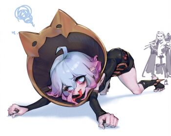 1boy 1girl ahoge antenna_hair briar_(league_of_legends) colored_sclera detached_sleeves grey_eyes grey_hair highres league_of_legends long_tongue phantom_ix_row pink_sclera shiny_clothes short_hair smile solo_focus squiggle standing swain_(league_of_legends) toeless_legwear tongue tongue_out top-down_bottom-up