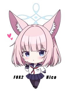 1girl absurdres animal_ear_fluff animal_ears black_gloves black_pantyhose black_sailor_collar black_skirt blue_archive blue_halo blunt_bangs character_name chibi chibi_only commentary fingerless_gloves fox_ears fox_girl fox_shadow_puppet full_body gloves half_updo halo hand_up heart highres long_sleeves magaasha medium_hair miniskirt neckerchief niko_(blue_archive) pantyhose pink_hair pleated_skirt red_neckerchief sailor_collar school_uniform serafuku shirt simple_background skirt solo straight_hair white_background white_shirt