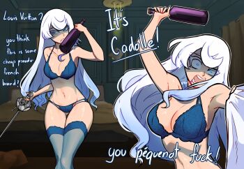 1girl alcohol arm_up blue_bra blue_eyes blue_thighhighs bottle bra breasts centurii-chan cleavage collarbone colored_eyelashes commentary drunk english_commentary english_text highres holding holding_bottle imminent_fight incoming_attack lace lace-trimmed_bra lace-trimmed_legwear lace_trim large_breasts long_hair looking_at_viewer open_mouth original panties pov profanity rapier rapier-chan_(centurii-chan) sword thigh_gap thighhighs underwear underwear_only weapon white_hair wine wine_bottle
