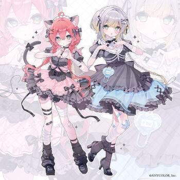 1girl ahoge animal_ear_fluff animal_ears bandaged_leg bandages bandaid bandaid_on_knee bandaid_on_leg black_bow black_bowtie black_dress black_shoes black_socks blue_dress blush bow bowtie braid brown_hair cat_ears cat_girl commentary_request copyright_notice double-parted_bangs dress dress_bow four-finger_heart_hands frilled_dress frills full_body gradient_hair green_eyes grey_hair grid_background hair_between_eyes heart heart_hands high_heels konpe_itou legwear_garter long_hair looking_at_viewer loose_socks maid maid_headdress multicolored_hair multiple_thigh_straps nijisanji official_art open_mouth outline patchwork_skin pink_dress red_hair ribbed_socks sample_watermark shioriha_ruri shishido_akari shoes socks standing twin_braids two-tone_dress virtual_youtuber watermark white_background white_outline yellow_eyes zoom_layer