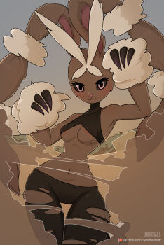 1girl :3 absurdres animal_hands animal_nose areola_slip arm_up armpits artist_name bare_shoulders black_pantyhose black_sclera blush body_fur breasts brown_fur cameltoe closed_mouth colored_sclera covered_collarbone cowboy_shot crop_top dust female_focus furry furry_female gen_4_pokemon hand_up happy highres long_animal_ears looking_at_viewer lopunny mature_female medium_breasts mega_lopunny mega_pokemon narrow_waist navel nintendo outdoors pantyhose patreon_logo patreon_username pink_eyes pokemon pokemon_(creature) rabbit_ears rabbit_girl skindentation smile solo sphenodaile sports_bra standing stomach thigh_gap torn_clothes torn_pantyhose two-tone_fur underboob watermark web_address wide_hips yellow_fur