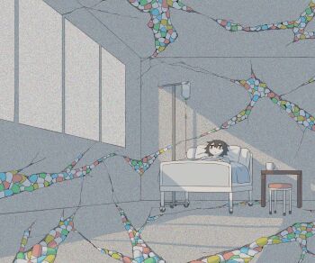 1boy absurdres avogado6 bed black_eyes black_hair commentary_request crack cracked_wall cup empty_eyes highres hospital hospital_bed indoors intravenous_drip lying male_focus mug on_back original pill solo static stool symbolism table