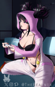 1girl bikini black_bikini black_hair black_nails breasts cleavage collarbone controller dualshock game_controller gamepad hair_through_hood han_juri highres holding holding_controller holding_game_controller hood hood_up indoors kneeling medium_breasts multicolored_hair navel onesie open_mouth playing_games playstation_controller purple_eyes purple_hair purple_lips solo stomach streaked_hair street_fighter street_fighter_6 swimsuit theheatnix twintails v-shaped_eyebrows