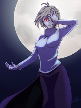 Rule 34 | 1girl, antenna hair, arcueid brunestud, blonde hair, breasts, commentary, english commentary, full moon, hand over eye, jewelry, large breasts, long skirt, looking at viewer, melty blood, melty blood: type lumina, moon, mystic eyes, mystic eyes of enchantment, night, pantyhose, purple skirt, red arcueid, red eyes, short hair, signature, skirt, sky, smile, solo, sweater, tsukihime, tsukihime (remake), turtleneck, turtleneck sweater, vampcoonffee
