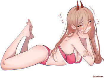 1girl absurdres ass barefoot blonde_hair blush bra breasts chainsaw_man cleavage commentary_request daria_(user_hktv8452) demon_horns feet_up hair_between_eyes heart highres horns long_hair long_hair_between_eyes looking_at_viewer medium_breasts notice_lines panties pink_bra pink_panties power_(chainsaw_man) simple_background smile solo twitter_username underwear underwear_only very_long_hair white_background