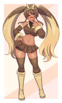 1girl ;d absurdres boots borokuro breasts brown_skirt brown_thighhighs detached_sleeves full_body gen_4_pokemon hairband hand_on_own_hip highres lopunny medium_breasts miniskirt multicolored_hair navel nintendo one_eye_closed open_mouth personification pokemon red_eyes skirt smile solo standing tan thighhighs twintails two-tone_hair v