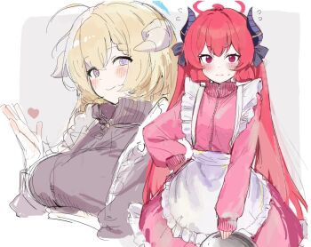 2girls akari_(blue_archive) alternate_costume black_bow black_track_suit blonde_hair blue_archive blue_halo blush bow commentary_request demon_horns grey_eyes hair_bow halo heart holding holding_tray horns jersey_maid junko_(blue_archive) long_hair maid multiple_girls red_eyes red_hair red_halo red_track_suit track_suit tray unconventional_maid yamanonba