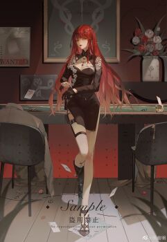 Rule 34 | 1girl, absurdres, ace (playing card), ace of hearts, alcohol, asymmetrical footwear, belt, belt buckle, belt collar, black belt, black boots, black collar, black dress, black gloves, black sleeves, boots, breasts, brown boots, brown coat, buckle, card, casino, casino card table, chair, circlet, cleavage, closed mouth, coat, collar, commission, cross-laced clothes, cross-laced dress, detached collar, detached sleeves, dress, earrings, expressionless, eyelashes, fishnet sleeves, fishnets, floating card, flower, full body, gem, glass, gloves, gradient hair, heart, high collar, high heels, highres, indoors, jewelry, king (playing card), king of diamonds, knee boots, large breasts, layered sleeves, lipstick, long hair, looking at viewer, makeup, mingqianming, mismatched footwear, multicolored hair, necklace, orange hair, original, painting (object), plant, playing card, poker chip, potted plant, putting on gloves, queen (playing card), queen of spades (playing card), red flower, red gemstone, red hair, red lips, red rose, ribbed legwear, rose, sample watermark, short dress, side slit, sidelocks, single glove, single knee boot, solo, standing, strapless, strapless dress, table, thigh belt, thigh strap, too many watermarks, unworn coat, unworn gloves, vase, very long hair, wanted poster, watermark, weibo watermark, white flower, white rose, wooden floor, yellow eyes