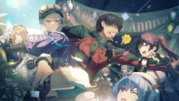 1boy 6+girls ;o anniversary arguing black_gloves black_hair black_hat blonde_hair blue_bow blue_eyes blue_hair bow cake centaureissi_(girls'_frontline_2) clenched_teeth colphne_(girls'_frontline_2) commander_(girls'_frontline) commentary cross english_commentary facepaint fingerless_gloves food frown g36_(girls'_frontline) girls'_frontline girls'_frontline_2:_exilium gloves groza_(girls'_frontline_2) hair_between_eyes hair_bow hair_ornament hair_ribbon hairclip hand_up hands_up hat highres hk416_(girls'_frontline) holding holding_another's_arm holding_cake holding_food iron_cross jacket jealous klukai_(girls'_frontline_2) long_hair maid_headdress makiatto_(girls'_frontline_2) medium_hair multicolored_jacket multiple_girls niac one_eye_closed orange_eyes ots-14_(girls'_frontline) ponytail pulling_arm purple_hair purple_jacket red_eyes red_ribbon ribbon teardrop teeth twintails two-tone_jacket upper_body vepley_(girls'_frontline_2) very_long_hair wa2000_(girls'_frontline) white_gloves white_hair