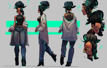 !? 1girl absurdres aysi_ac bare_shoulders black_hair black_shirt blue_pants breasts closed_mouth commentary commission dark-skinned_female dark_skin denim earrings english_commentary from_behind from_side full_body gold_earrings grey_background hair_over_one_eye head_only highres jacket jacket_partially_removed jeans jewelry kamen_rider laura_burrell_(k.r._starman) long_sleeves medium_breasts midriff_peek multiple_views original pants reference_sheet shirt sleeveless sleeveless_shirt standing standing_on_one_leg tall_hair turnaround watermark white_jacket yellow_eyes