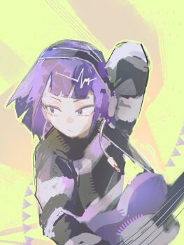 Rule 34 | 1girl, arm behind head, audio jack, boku no hero academia, grey eyes, guitar, hashtag-only commentary, headphones, highres, holding, holding guitar, holding instrument, instrument, jiro kyoka, long earlobes, looking to the side, onionhead1030, purple hair, shirt, short hair, solo, striped clothes, striped shirt, tomboy, yellow background