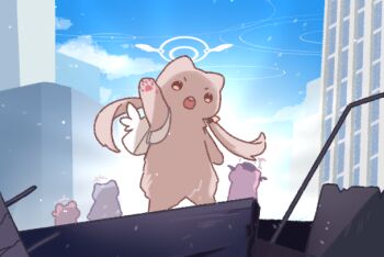 4girls animalization azusa_(blue_archive) backpack bag blue_archive cat commentary_request day halo hanako_(blue_archive) hifumi_(blue_archive) koharu_(blue_archive) korean_commentary make-up_work_club_(blue_archive) multiple_girls nagakiras2 open_mouth pink_cat standing twintails white_bag