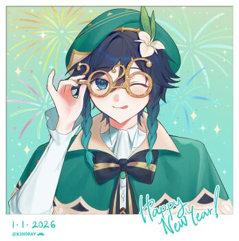 1boy 2026 androgynous aqua_background aqua_eyes aqua_gem aqua_hair artist_name ascot beret black_bow black_bowtie black_hair blush border bow bowtie braid buttons capelet closed_mouth collared_capelet collared_shirt commentary dated english_commentary english_text fingernails firework_background flower gem genshin_impact glasses gradient_hair green_capelet green_hat hair_between_eyes hair_flower hair_ornament hand_up happy_new_year hat highres holding jewelry k3n0kay leaf_hair_ornament long_sleeves looking_at_viewer male_focus multicolored_hair new_year one_eye_closed pendant shirt short_hair smile solo sparkle sparkle_background striped_bow striped_bowtie striped_clothes tongue tongue_out twin_braids upper_body venti_(genshin_impact) white_ascot white_border white_flower white_shirt yellow-framed_eyewear