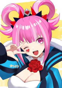 >:) 1girl ;d blunt_bangs breasts cleavage commentary dress facial_mark fire_emblem fire_emblem_engage folded_twintails fur_wrist_cuffs hair_flaps hair_rings heart heart_facial_mark hortensia_(fire_emblem) large_breasts looking_at_viewer multicolored_hair multicolored_tiara nintendo one_eye_closed open_mouth pink_eyes pink_hair sidelocks smile solo striped_clothes striped_dress sylphy_fe symbol-only_commentary two-tone_hair upper_body v-shaped_eyebrows vertical-striped_clothes vertical-striped_dress w wrist_cuffs