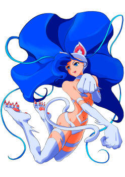 1girl animal_ears animal_hands big_hair blue_eyes blue_hair body_fur breasts cat_ears cat_girl cat_paws cat_tail claws darkstalkers fang felicia_(darkstalkers) full_body highres jumping long_hair minokichi_(arufooto25) navel open_mouth paw_pose simple_background smile solo tail transparent_background very_long_hair white_fur