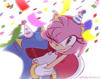 Rule 34 | 1girl, ;), amy rose, anniversary, dress, green eyes, hat, hug, looking at viewer, medium hair, metal sonic, one eye closed, party hat, pink fur, pink hair, robot, sega, sherrydoodlez, smile, sonic (series), sonic cd, sonic the hedgehog (classic), wink