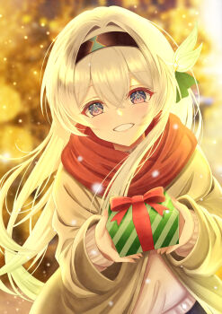 Rule 34 | 1girl, absurdres, black hairband, box, christmas, commentary request, firefly (honkai: star rail), gift, gift box, grey hair, hair between eyes, hair ornament, hairband, highres, holding, holding gift, honkai: star rail, honkai (series), incoming gift, kosyou21057, long hair, long sleeves, looking at viewer, pink eyes, red scarf, scarf, solo, upper body, very long hair
