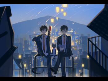 2boys ao_no_exorcist arm_on_knee black_hair black_jacket black_pants black_shoes book brothers city city_lights crossed_legs curled_tail drinking_straw glasses highres holding holding_book jacket juice_box kuro_(ao_no_exorcist) male_focus multiple_boys necktie night night_sky okumura_rin okumura_yukio pants pointy_ears rives school_uniform shoes shooting_star short_hair siblings sitting sitting_on_object sky striped_necktie twins weapon_bag