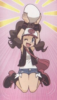 1girl arm_up baseball_cap black_vest blue_eyes blush breasts brown_hair denim denim_shorts egg exposed_pocket hat high_ponytail hilda_(pokemon) jumping long_hair nintendo official_art one_eye_closed open_clothes open_mouth open_vest poke_ball_print pokemon pokemon_black_and_white ponytail scan shirt shorts sidelocks simple_background solo vest white_shirt wide_hips wristband