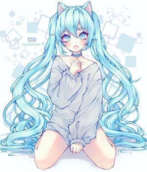 1girl animal_ears anny_(yoai) aqua_eyes aqua_hair bell blue_eyes blue_hair blush bottomless cat_ears cat_girl choker clothes_tug collarbone eyelashes fang full_body grey_sweater hair_between_eyes hand_up hatsune_miku highres kemonomimi_mode long_hair long_sleeves looking_at_viewer neck_bell open_mouth sleeves_past_wrists solo square sweater sweater_tug twintails twitter_username very_long_hair vocaloid white_background