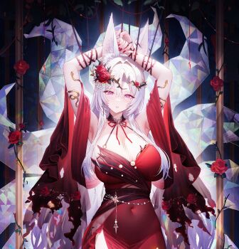 1girl animal_ear_fluff animal_ears armpits arms_up bare_shoulders breasts character_request chinese_commentary cleavage commentary_request copyright_request covered_navel cowboy_shot flower fox_ears fox_girl hair_flower hair_intakes hair_ornament highres jianshu kitsune kyuubi large_breasts long_hair looking_at_viewer multiple_tails nail_polish parted_lips purple_eyes red_flower red_nails red_rose rose side_slit solo tail white_hair