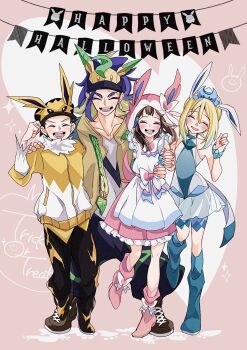 2boys 2girls adaman_(pokemon) akari_(pokemon) alternate_costume animal_ears black_hair black_pants blonde_hair blue_boots blue_dress blue_hair blue_socks blush boots bow bracelet breasts brown_coat brown_hair closed_eyes coat cocoa_s3 collarbone cosplay dress eyebrow_cut facing_viewer fake_animal_ears frills gen_1_pokemon gen_4_pokemon gen_6_pokemon glaceon glaceon_(cosplay) green_hair hairband halloween halloween_costume hat highres irida_(pokemon) jacket jewelry jolteon jolteon_(cosplay) kneehighs leafeon leafeon_(cosplay) long_hair long_sleeves multicolored_hair multiple_boys multiple_girls nintendo open_clothes open_coat open_mouth pants pink_boots pink_dress pink_socks pokemon pokemon_legends:_arceus rei_(pokemon) shirt shoes short_hair sleeveless sleeveless_shirt smile socks sylveon sylveon_(cosplay) teeth yellow_jacket