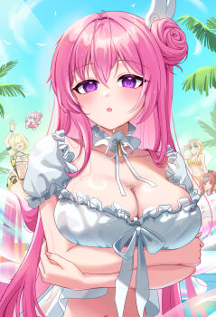 4girls :3 absurdres adjusting_eyewear bikini blonde_hair blue_eyes blush breasts choker cleavage cleavage_cutout clothing_cutout collarbone crossed_arms doro_nikke dorothy_(nikke) elegg_(nikke) eyewear_on_head frilled_choker frills goddess_of_victory:_nikke green_hairband green_sleeves hair_between_eyes hair_bun hair_over_eyes hairband highres large_breasts long_hair looking_at_viewer multiple_girls navel official_alternate_costume one-piece_swimsuit open_mouth orange-tinted_eyewear pink_hair purple_eyes rapi_(nikke) rapi_(red_hood)_(nikke) rapi_(red_hood)_(red_flavor)_(nikke) red_eyes red_hair shirt short_hair stomach sunglasses swim_ring swimsuit tinted_eyewear tove_(nikke) ttoromong wet white_choker white_shirt yellow_bikini yellow_one-piece_swimsuit