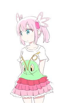 1girl ads_(aaadrice) arms_behind_back averting_eyes character_print chiyoda_momo commentary cowboy_shot frilled_skirt frills gen_2_pokemon hair_ornament highres layered_skirt machikado_mazoku mega_meganium meganium miniskirt nintendo pink_hair pink_skirt pleated_skirt pokemon pokemon_legends:_z-a print_shirt shirt short_hair simple_background skirt solo t-shirt twintails white_background white_shirt wing_hair_ornament