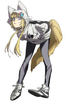 1girl animal_hood black_leggings blonde_hair closed_mouth female_focus food-themed_hair_ornament fox_girl fox_hood fox_tail full_body hair_ornament hands_in_pockets highres hood hood_up hooded_jacket jacket kemono_jihen kon_(kemono_jihen) leggings long_hair low_twintails shoes si_wan solo tail twintails white_background