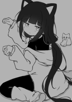 1girl absurdres animal_ears black_hair blunt_bangs blush cat_ears grey_background highres inabakumori long_hair long_sleeves looking_at_viewer loose_socks monochrome off_shoulder osage_(nukunuku_nigirimeshi) oversized_sweater paw_pose simple_background sitting socks solo tagme uki_blove wariza