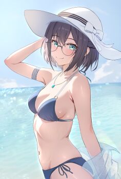 1girl absurdres beach bikini black_hair blue_bikini blue_sky blush braid breasts cleavage closed_mouth cloud commission commissioner_upload eirin_calendula_quinn glasses hat hat_ribbon highres jewelry looking_at_viewer loulis_0115 medium_breasts navel necklace non-web_source ribbon short_hair side-tie_bikini_bottom sideboob sidelocks skeb_commission sky solo stomach swimsuit the_4_sigils_-_the_malice_of_winter white_hat