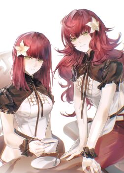 2girls absurdres bare_arms bench blunt_bangs chair cup curly_hair devola flower green_eyes hair_flower hair_ornament hands_on_table highres honseie long_hair looking_at_viewer lunar_tear multiple_girls nier:automata nier_(series) pants popola red_hair red_pants saucer scrunchie shirt siblings sideless_outfit sideless_shirt simple_background sisters sitting smile straight_hair table teacup teaspoon twins white_background white_flower white_shirt wrist_scrunchie