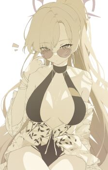 1girl adjusting_eyewear angel_wings aviator_sunglasses bangle bare_shoulders black_one-piece_swimsuit blonde_hair blue_archive bracelet breasts brown_eyes casual_one-piece_swimsuit center_opening cleavage cleavage_cutout closed_mouth clothing_cutout covered_navel crossed_legs dot_nose earrings feathered_wings from_below halo halterneck highres hoop_earrings jewelry large_breasts long_hair long_sleeves looking_at_viewer low_wings nagisa_(blue_archive) nagisa_(swimsuit)_(blue_archive) off_shoulder official_alternate_costume official_alternate_hairstyle one-piece_swimsuit ponytail print_shirt shirt simple_background sitting smile solo sunglasses swimsuit swimsuit_under_clothes tied_shirt tinted_eyewear white_background white_shirt wings