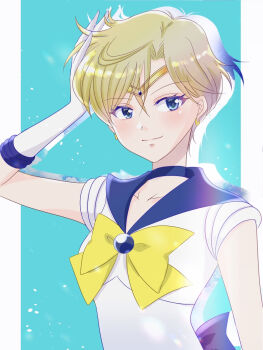 bishoujo_senshi_sailor_moon blonde_hair blue_background highres ribbon sailor_uranus ten&#039;ou_haruka yellow_ribbon