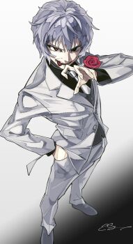 Rule 34 | 1boy, collared shirt, commentary request, fangs, fate/strange fake, fate (series), flower, formal clothes, full body, hand in pocket, highres, jacket, jester karture, long sleeves, male focus, mikanha346, necktie, red eyes, rose, shirt, short hair, smile, solo, suit, suit jacket, white suit