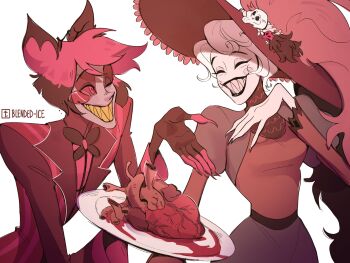 1boy 1girl alastor_(hazbin_hotel) black_pants blended-ice collared_shirt commentary dress hazbin_hotel heart_(organ) hellaverse highres long_dress pants red_dress red_hair red_shirt rosie_(hazbin_hotel) shirt short_hair symbol-only_commentary