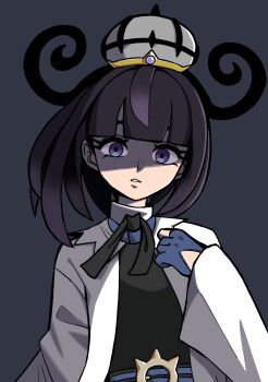 1girl absurdres black_dress black_hair blue_gloves blunt_bangs bob_cut coat dress gloves gradient_hair gwynn_(pokemon) hat highres long_sleeves looking_at_viewer mega_stone multicolored_hair n_k_m nintendo open_clothes open_coat open_mouth partially_fingerless_gloves pokemon pokemon_legends:_z-a purple_eyes purple_hair short_hair solo upper_body white_coat