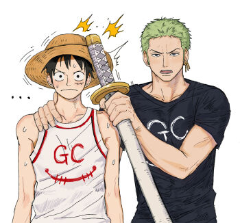 Rule 34 | ..., 2boys, black hair, brown hat, closed mouth, collarbone, commentary request, crew neck, earrings, facial scar, frown, green hair, hat, highres, holding, holding sword, holding weapon, jewelry, jjerri00, katana, korean commentary, looking at viewer, male focus, monkey d. luffy, multiple boys, multiple earrings, nervous sweating, one piece, open mouth, piercing, print shirt, roronoa zoro, scar, scar on cheek, scar on face, shirt, short hair, short sleeves, simple background, sleeveless, sleeveless shirt, standing, straw hat, sweat, sword, t-shirt, tank top, upper body, weapon, white background