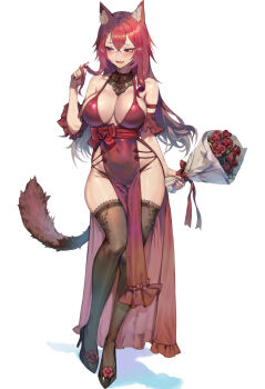 1girl animal_ear_fluff animal_ears black_shoes black_thighhighs blush bouquet breasts cat_ears cat_girl cat_tail cleavage commentary covered_navel crossed_bangs double-parted_bangs dress english_commentary fang flower footwear_flower full_body groin hair_between_eyes hand_up high_heels highres holding holding_bouquet indie_virtual_youtuber large_breasts long_hair looking_to_the_side maro2ki3 open_mouth pelvic_curtain purple_eyes ravyn_(vtuber) red_dress red_flower red_hair red_rose rose shoes simple_background skin_fang smile solo tail thighhighs twirling_hair virtual_youtuber white_background