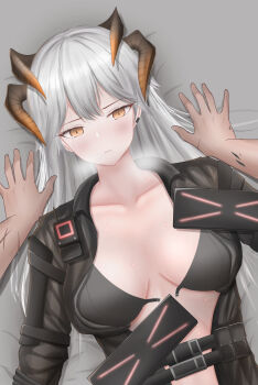 1girl absurdres arknights black_bra black_jacket blush bra breasts closed_mouth collarbone dragon_horns grey_hair highres horns jacket long_hair long_sleeves looking_at_viewer lying material_growth medium_breasts official_alternate_costume on_back open_clothes open_jacket orange_eyes oripathy_lesion_(arknights) saria_(arknights) saria_(the_law)_(arknights) simple_background solo sweat underwear upper_body walkie-talkie woon