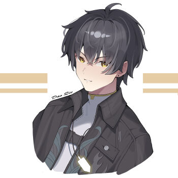 1boy artist_name black_hair black_jacket commentary_request dao_qie grey_shirt highres jacket looking_at_viewer male_focus male_rover_(wuthering_waves) parted_lips rover_(wuthering_waves) shirt smile solo wuthering_waves yellow_eyes